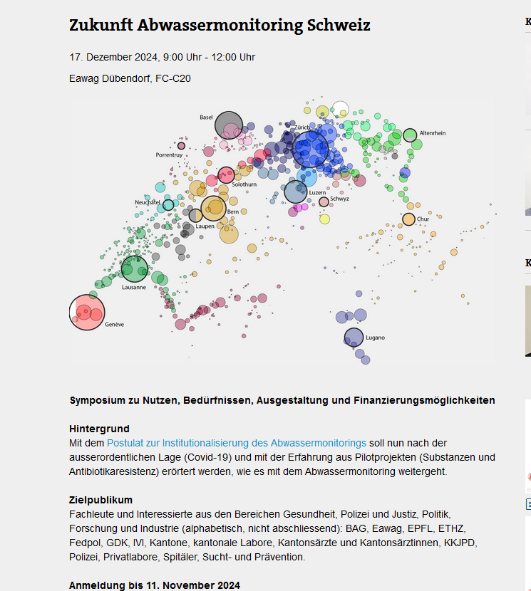 eawag.ch/de/info/agenda… 
Zukunft Abwassermonitoring Schweiz
17. Dezember 2024,  9:00 Uhr - 12:00 Uhr
Eawag Dübendorf
Anmeldung bis 11. November 2024