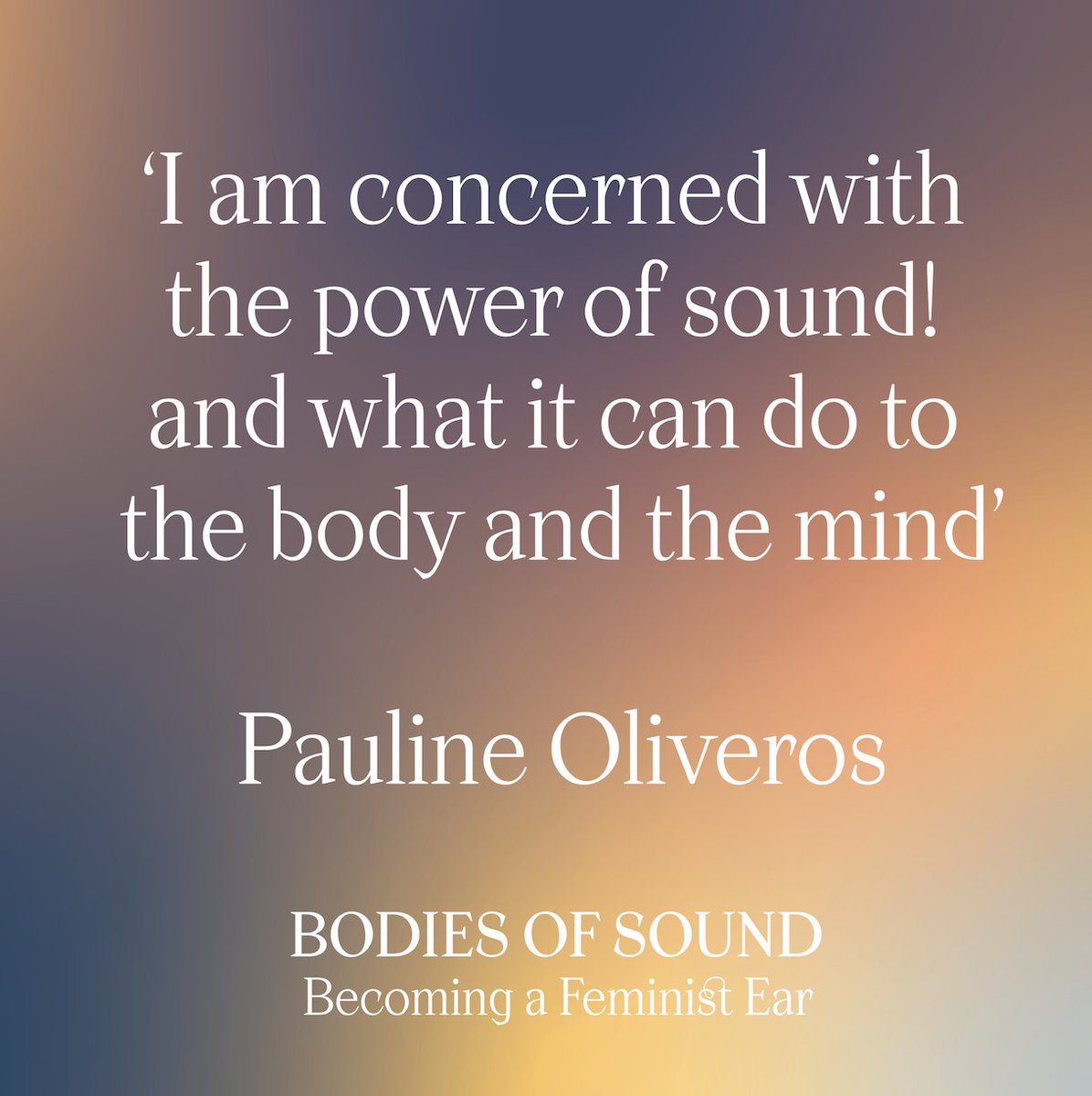 Silver Press 🌙 (@silver_press_) on Twitter photo ‘I am concerned with the power of sound! & what it can do to the body and the mind... Sound is everybody’s material. Women’s music is inside women. The time has come to draw it out & see what it is.’—Pauline Oliveros
BODIES OF SOUND—7 Nov <a href="/southbankcentre/">Southbank Centre</a>
southbankcentre.co.uk/whats-on/bodie… ‘I am concerned with the power of sound! & what it can do to the body and the mind... Sound is everybody’s material. Women’s music is inside women. The time has come to draw it out & see what it is.’—Pauline Oliveros
BODIES OF SOUND—7 Nov <a href="/southbankcentre/">Southbank Centre</a>
southbankcentre.co.uk/whats-on/bodie…