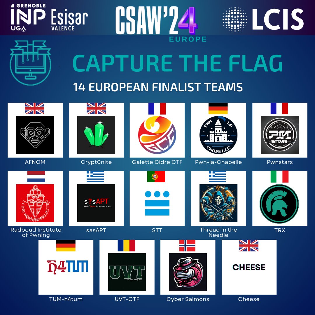 🥇🥈🥉 CSAW’24 Europe : Congratulations to the CTF Finalists !
We're delighted to announce the 14 finalist teams in the Capture the Flag competition.
🍀 Good luck to all for the final!!
The final 36-hour competition will be held online.