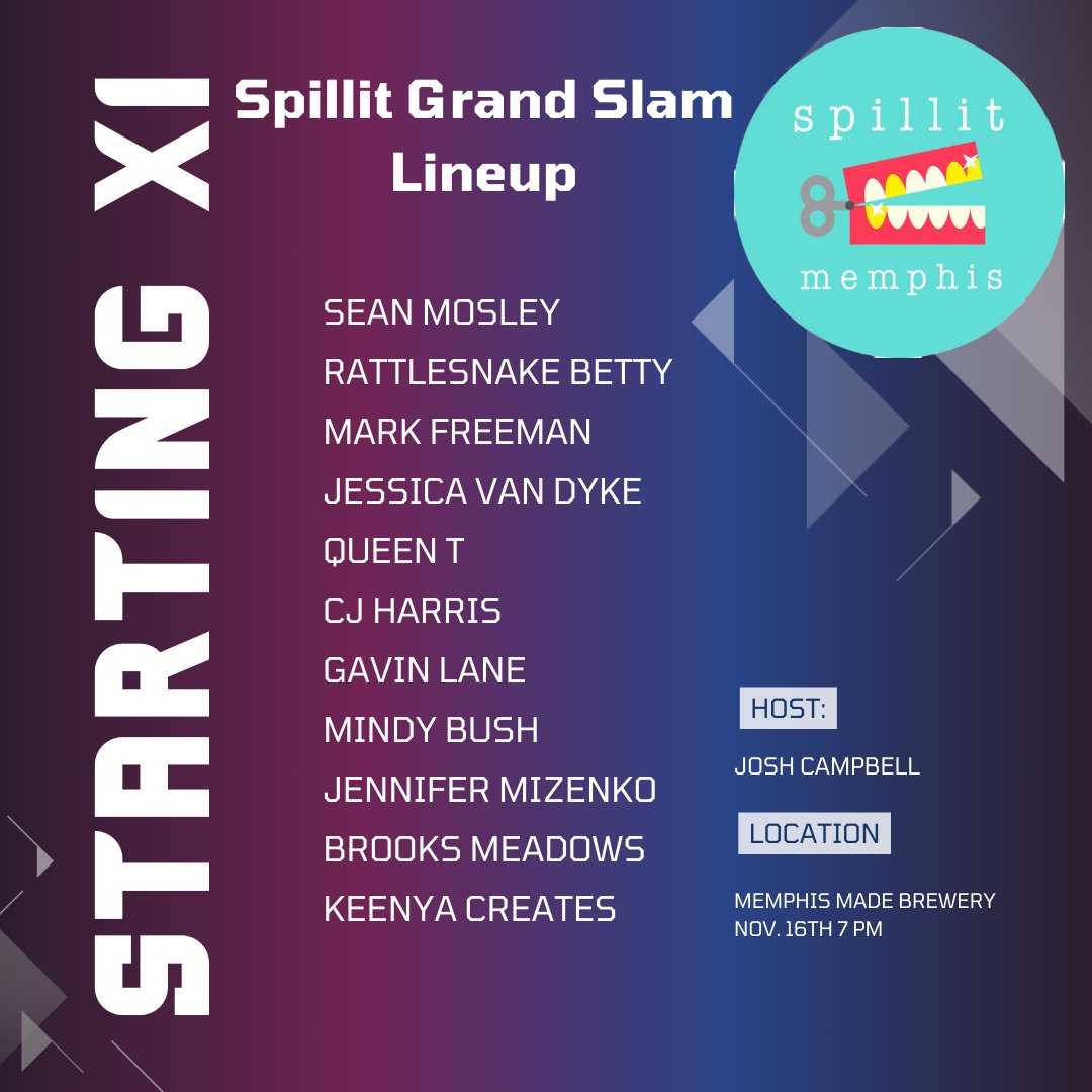 Spillit Memphis (@spillitmemphis) on Twitter photo It is that time of year again. All this year's Spillit winners are returning for our Grand Slam! They get 7 minutes to tell their story; in the end, we will crown the Grand Slam Champion! Tickets are 20 dollars and will be available to purchase on Eventbrite. <a href="/MemphisMadeBrew/">Memphis Made Brewing Co.</a> It is that time of year again. All this year's Spillit winners are returning for our Grand Slam! They get 7 minutes to tell their story; in the end, we will crown the Grand Slam Champion! Tickets are 20 dollars and will be available to purchase on Eventbrite. <a href="/MemphisMadeBrew/">Memphis Made Brewing Co.</a>