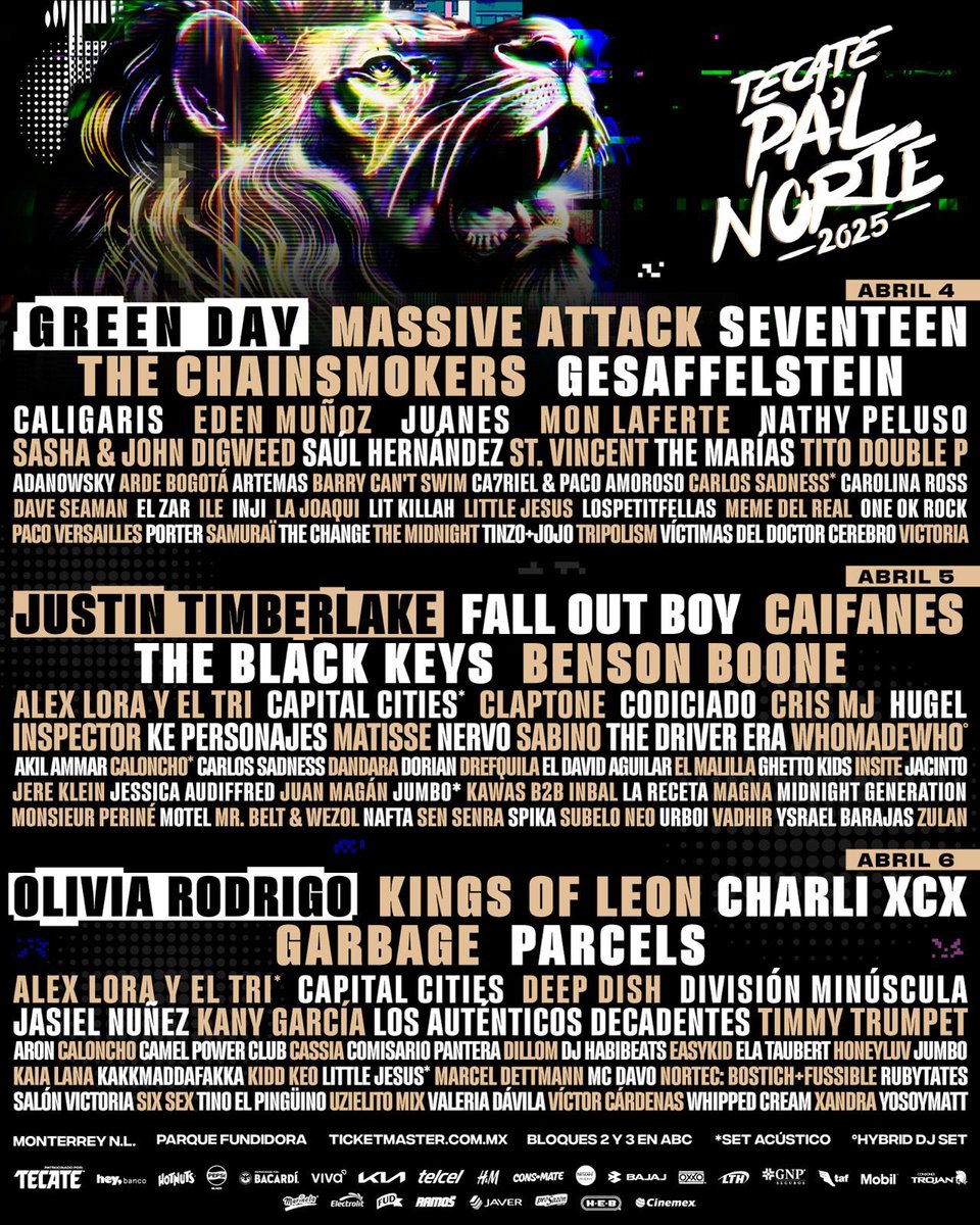 ETICSLive's tweet photo. 🦁 | @TecatePalNorte : Line Up oficial 

Señoras y señores les compartimos el #LineUp oficial de #TecatePalNorte 2025. https://t.co/Di3rAgja3u