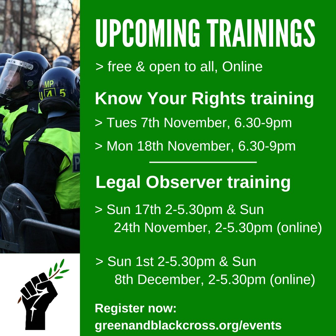 📢 UPCOMING TRAININGS 🦺⚖️🪧

Sign up now for Know Your Rights trainings with vital information about your legal rights, guidance on interacting with the police whilst protesting, what happens if you get arrested, and more! 

Register for free 👇

greenandblackcross.org/events