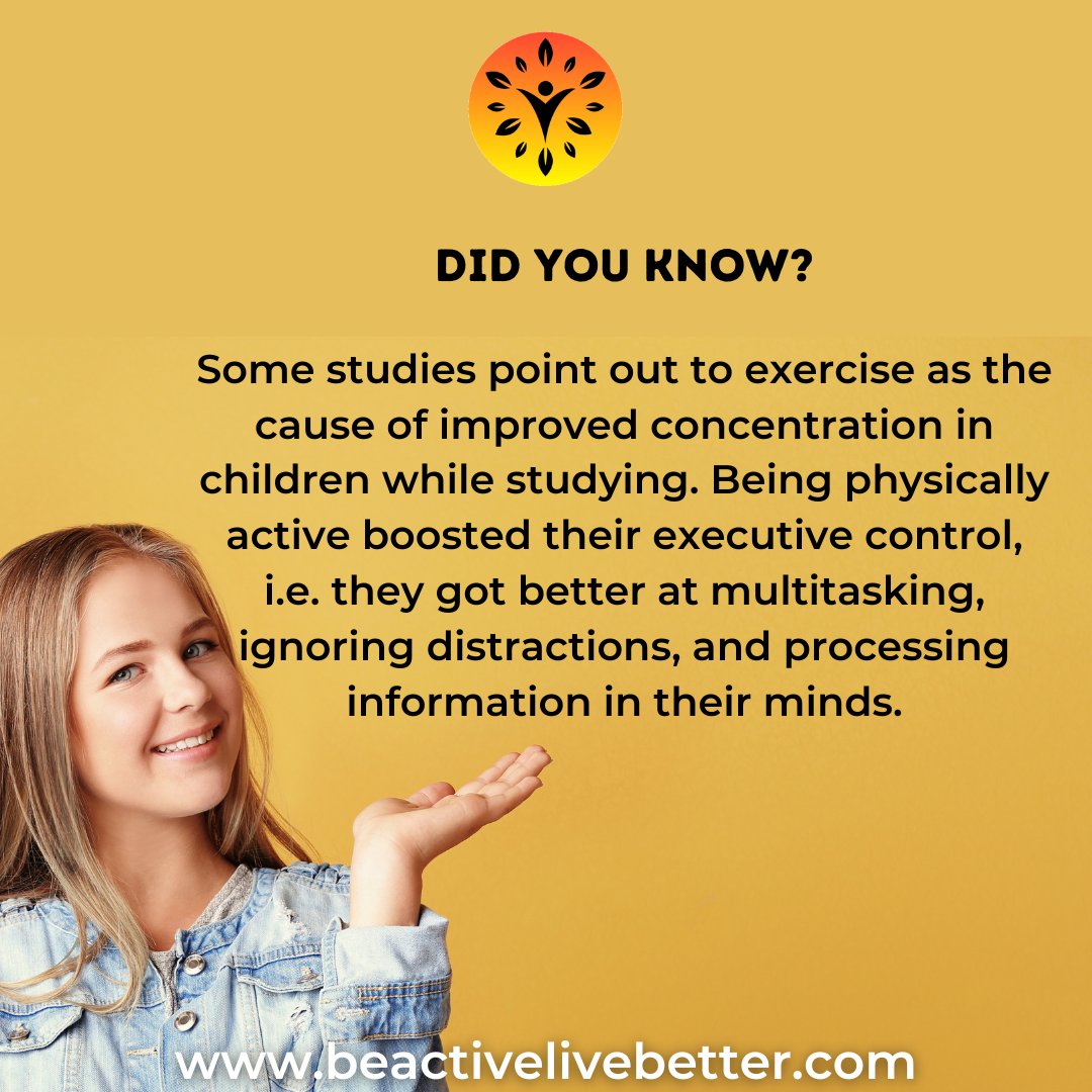 BeActiveLive's tweet image. Boost your child's focus and learning through physical activity! Regular exercise enhances executive functions, improving multitasking and concentration. Learn how fitness aids academic success and helps kids thrive at beactivelivebetter.com. #KidsFitness #BeActiveLiveBetter