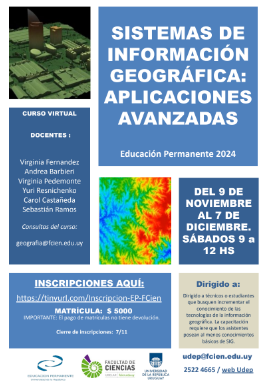 eduperfcien's tweet photo. Estimad@s,  Están abiertas las inscripciones para la pasantía  EP "SISTEMAS DE INFORMACIÓN GEOGRÁFICA: APLICACIONES AVANZADAS".  INSCRIPCIONES: https://t.co/0op32MVTkX… . hasta el 31 de octubre. Matrícula: $5000. Adjuntamos más info. https://t.co/lMD3NkdFOW
