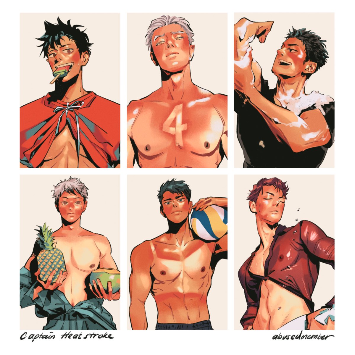 abusedmember's tweet image. Is it just me or is it hot in here? 🥵🏐 
Haikyuu captains, heat stroke edition 💪 

#Haikyuu #ハイキュー
