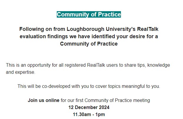 RealTalk (@realtalk_eol) on Twitter photo Join us online for our first Community of Practice. To register your interest in attending please email realtalk@treetopshospice.org.uk
<a href="/SharanComms/">Sharan Harris-Christensen</a>
#RealTalk #sharingexpertise Join us online for our first Community of Practice. To register your interest in attending please email realtalk@treetopshospice.org.uk
<a href="/SharanComms/">Sharan Harris-Christensen</a>
#RealTalk #sharingexpertise