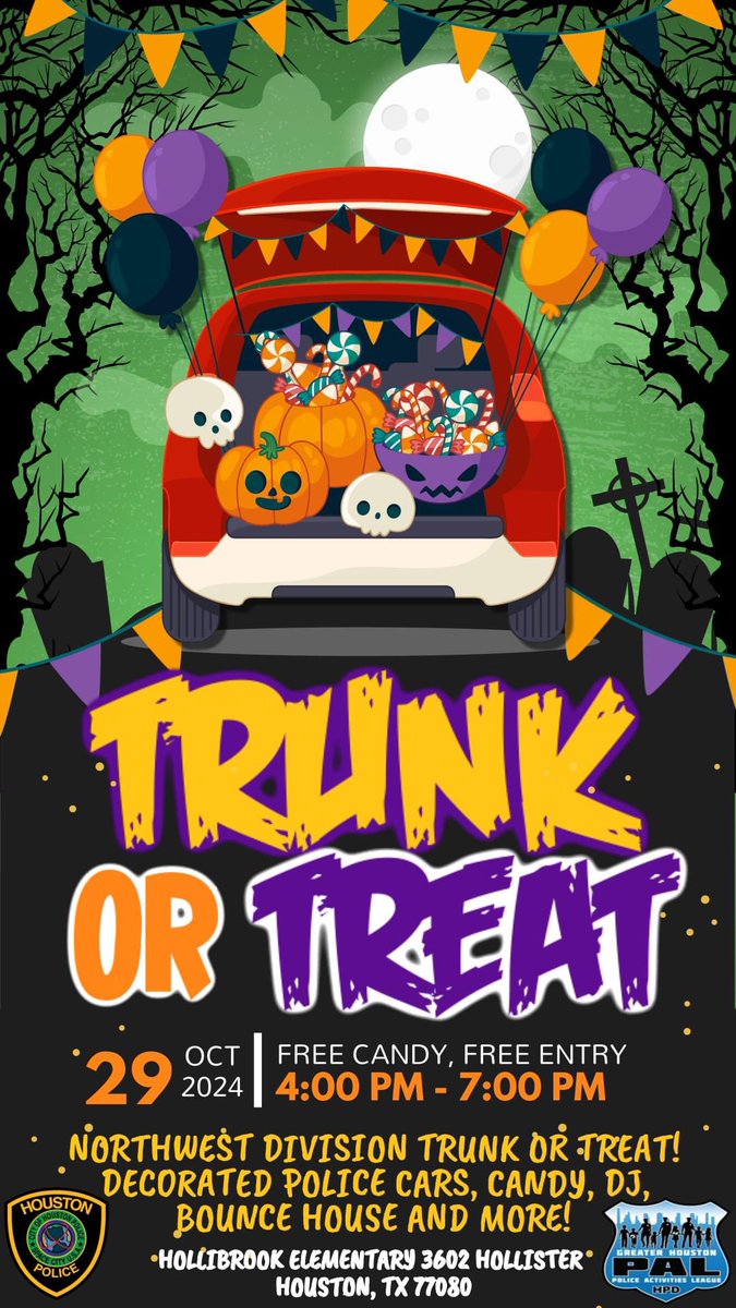 Paxton Phares (@ghpal_ofcphares) on Twitter photo Come out tonight and see the northwest division and other divisions (k9, helicopter, swat, etc….) and our decorated police cars!! Free candy and free fun!! 4p-7p at Hollibrook elementary! See yall there!!
<a href="/houstonpolice/">Houston Police</a> #trunkortreat #halloween2024 Come out tonight and see the northwest division and other divisions (k9, helicopter, swat, etc….) and our decorated police cars!! Free candy and free fun!! 4p-7p at Hollibrook elementary! See yall there!!
<a href="/houstonpolice/">Houston Police</a> #trunkortreat #halloween2024