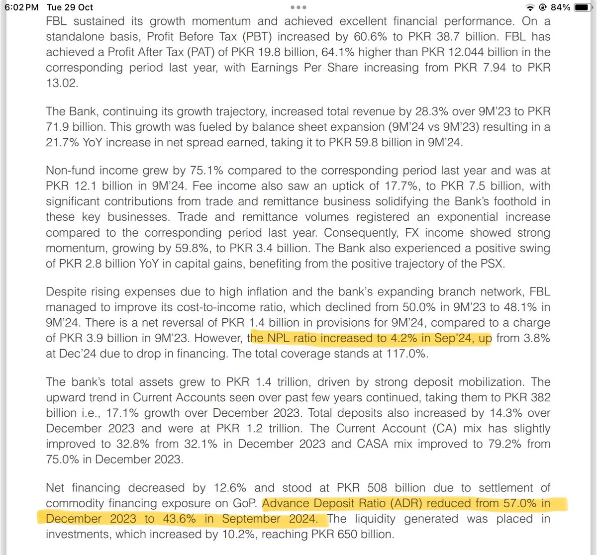 JawadYaqoob's tweet image. 🚨Faysal Bank’s ADR has reduced from 57% to 44%. #FABL

They haven’t even booked any provision for the ADR tax which means that it can dent Q4 profitability if ADR target of 50% is not achieved ‼️

Moreover, the Non-Performing loans have also increased to 4.2%.💔