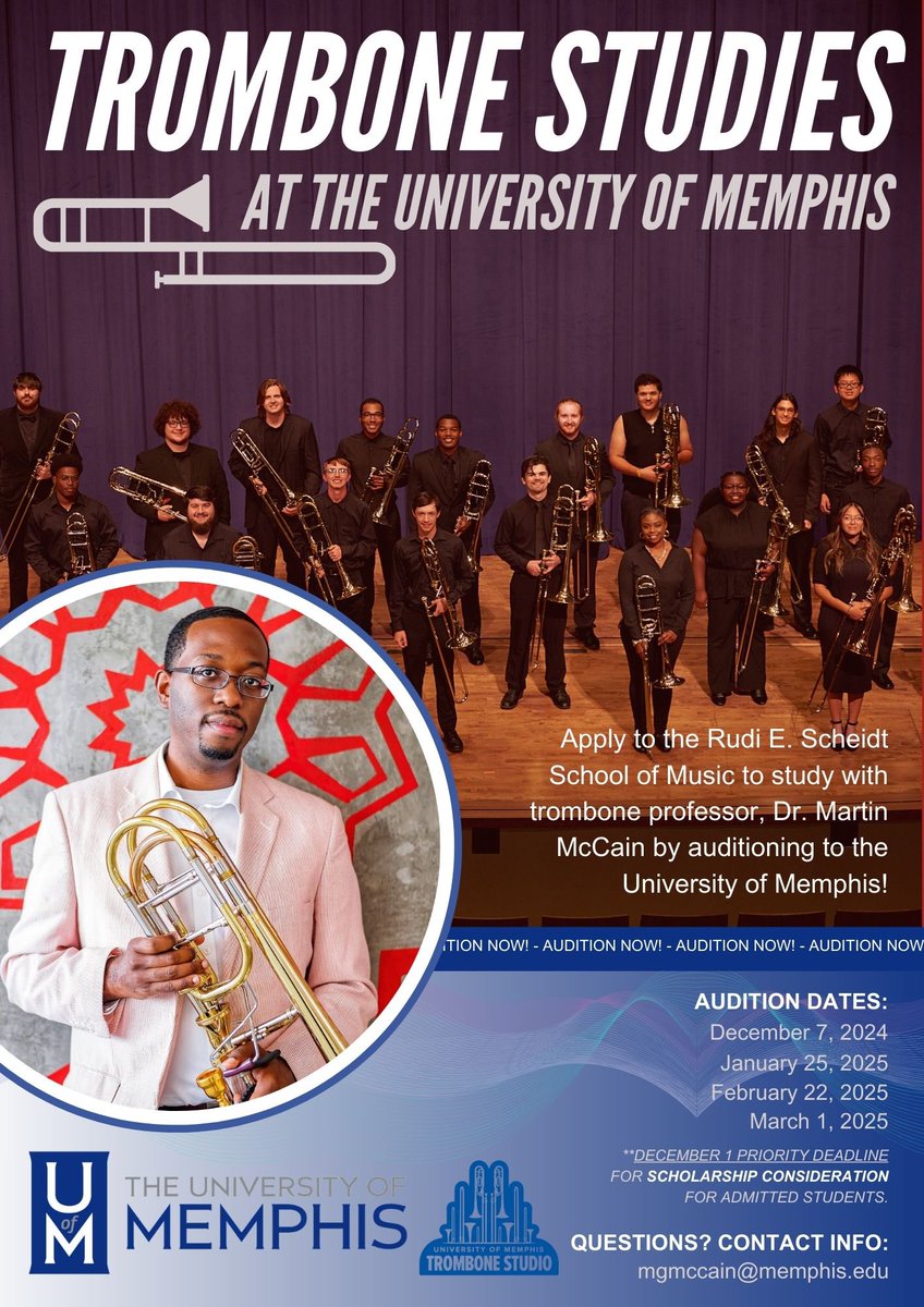 memphistrombone's tweet photo. The Rudi E. Scheidt School of Music at the University of Memphis offers a wide range of programs at the undergraduate and graduate level in state-of-the-art facilities. Come earn your degree in one of America’s most vibrant musical destinations!

📧 ➡️ mgmccain@memphis.edu https://t.co/CeBvpT2PWc