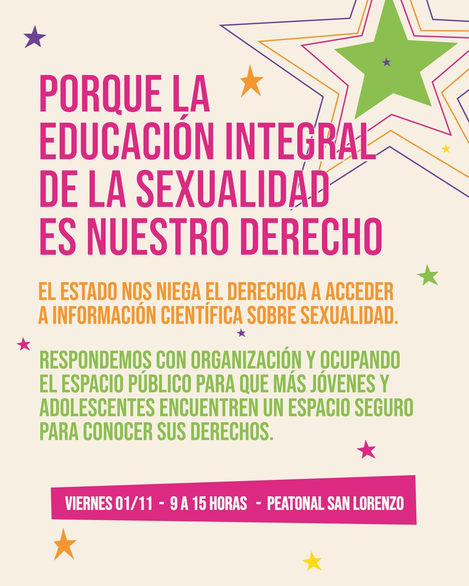 MovimientoNNA's tweet photo. 📢 ¿Por qué hacemos la Feria #Juvenfest por la EIS? Porque la Educación Integral de la Sexualidad es nuestro derecho✊✨
🗓️ Viernes 1 de noviembre
⏰ 9 a 15 h
📍 Peatonal de San Lorenzo
¡Sumate a este movimiento! #EIS #Juvenfest
@SPytyvohara https://t.co/06qbsM9GCy