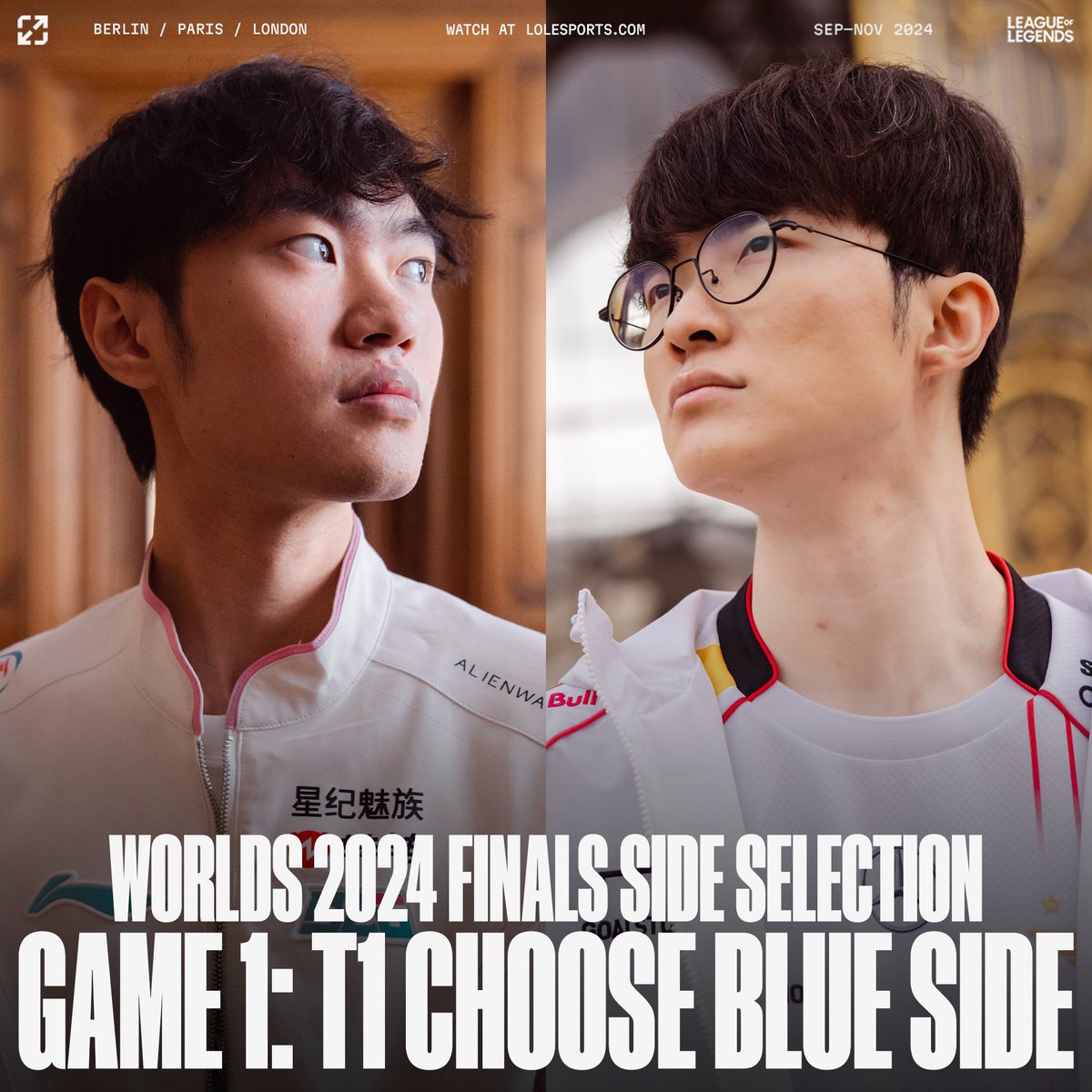 lolesports's tweet photo. T1 won the #Worlds2024 Finals coin toss and chose blue side for game 1 against BLG. https://t.co/j41SYOMGbs