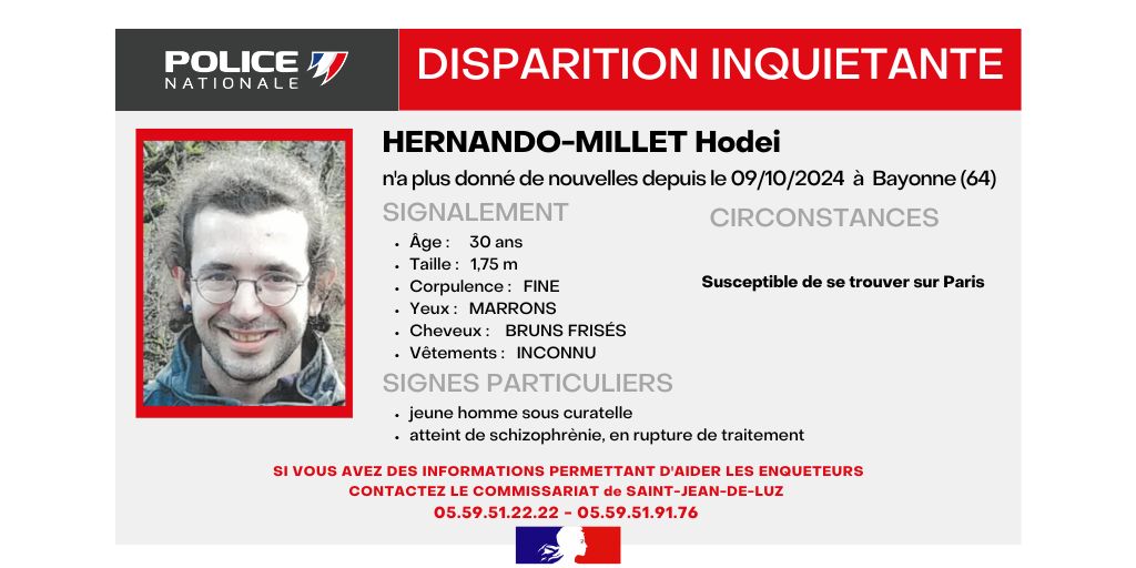 PoliceNat64's tweet photo. #DisparitionInquiétante | Hodei serait susceptible de se trouver sur Paris (75). 
Les enquêteurs du commissariat de Saint-Jean-de-Luz ont besoin de vous,
Merci de vos partages. https://t.co/v9xnegjTft