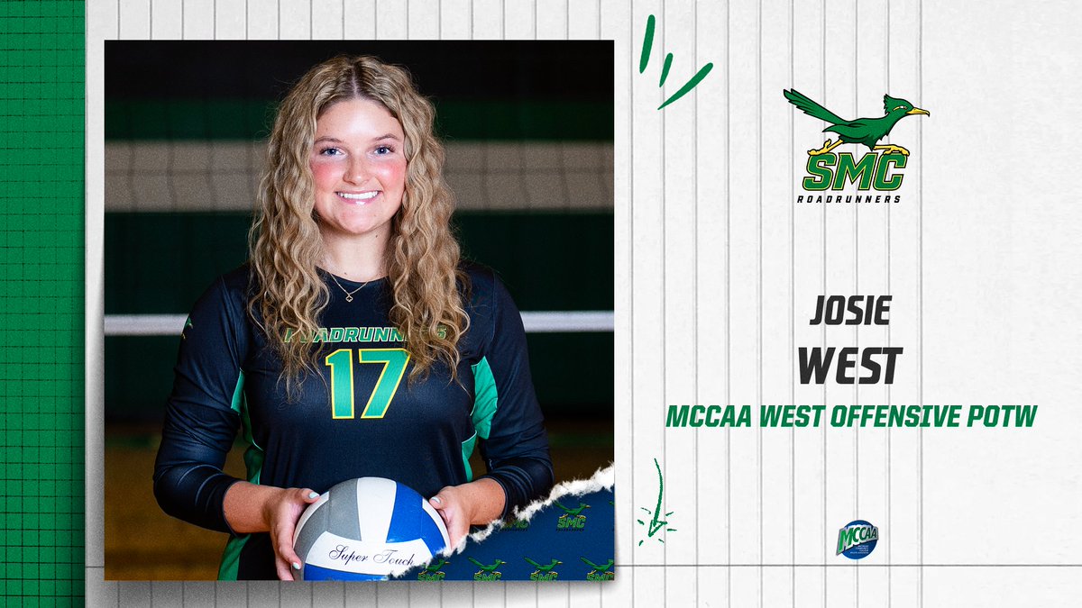What a week! 🏐

24 kills on 40 swings for a .500 hitting percentage and an average of 8.00 kills/set leads <a href="/SMCRoadrunners/">SMC Athletics</a> sophomore outside hitter Josie West to MCCAA West Offensive Player of the Week honors!