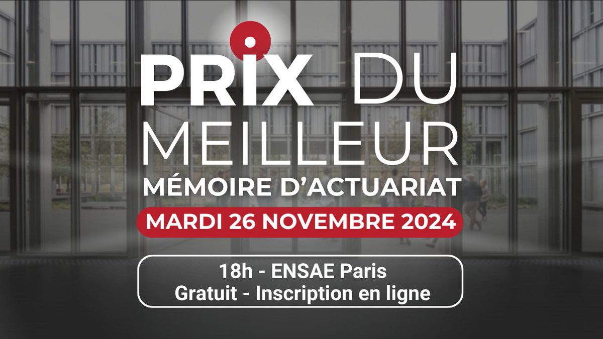 ENSAE Paris (@ensaeparis) on Twitter photo 📅Étudiants & Professionnels du secteur de l'#assurance, assistez à la remise du Prix du meilleur mémoire d'#Actuariat valorisant les travaux en science actuarielle réalisés par les ENSAE 2023 dans le cadre de leur mémoire d'actuariat
➡️forms.office.com/pages/response… <a href="/actuaires_IA/">InstitutdesActuaires</a> 📅Étudiants & Professionnels du secteur de l'#assurance, assistez à la remise du Prix du meilleur mémoire d'#Actuariat valorisant les travaux en science actuarielle réalisés par les ENSAE 2023 dans le cadre de leur mémoire d'actuariat
➡️forms.office.com/pages/response… <a href="/actuaires_IA/">InstitutdesActuaires</a>
