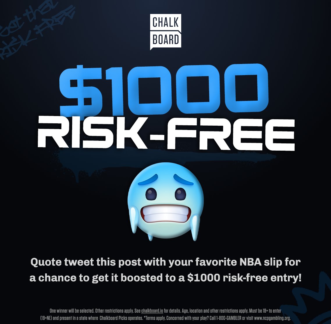 ChalkboardHQ's tweet photo. FEELING RISK-FREE 🥶   

Quote tweet this post with your favorite NBA slip for tonight &amp; we might just boost it to a $1000 risk-free entry! 👀

Be sure to include your Chalkboard username! https://t.co/y7i5uNfNUm