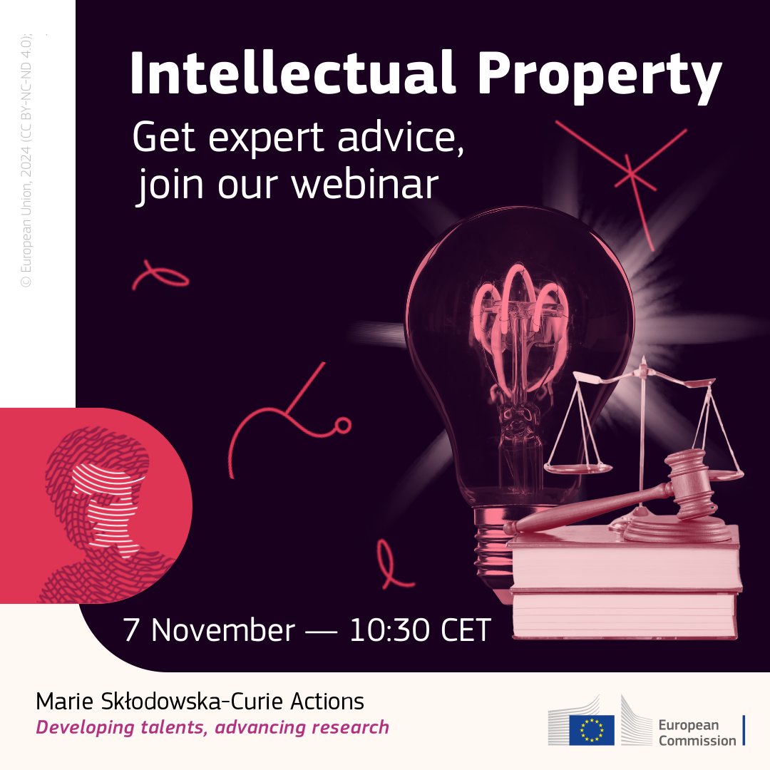 Marie Skłodowska-Curie Actions (@mscactions) on Twitter photo Have you ever wondered how intellectual property, or IP, works when it comes to your #MSCA project ?
Become an expert on the topic of your IP rights!⚖️
Join <a href="/IPRHelpdesk/">European IP Helpdesk</a>'s webinar on the topic on 7 November from 10:30 - 12:00.
More info & registrations👉europa.eu/!Fyw9Yh Have you ever wondered how intellectual property, or IP, works when it comes to your #MSCA project ?
Become an expert on the topic of your IP rights!⚖️
Join <a href="/IPRHelpdesk/">European IP Helpdesk</a>'s webinar on the topic on 7 November from 10:30 - 12:00.
More info & registrations👉europa.eu/!Fyw9Yh