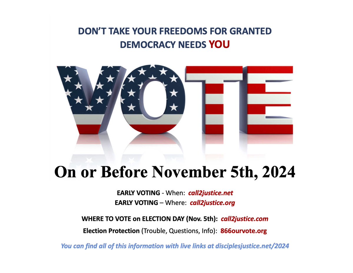 DJAN (@disciplesjan) on Twitter photo VOTER INFORMATION (Times & Places - Early & On Election Day)
RESOURCES for PRAYERFUL CONSIDERATION plus CRITICAL REFLECTION on Christian Nationalism & Project 2025
disciplesjustice.net/2024 <a href="/DisciplesNews/">Christian Church (Disciples of Christ)</a> <a href="/CCCADisciples/">Capital Area CCDC</a> <a href="/DPFtweets/">Disciples Peace Fellowship</a> <a href="/DC4PW/">Disciples Center</a> <a href="/indianadiscipls/">Indiana Disciples</a> <a href="/DisciplesWomen/">Disciples Women's Ministries</a> <a href="/DoCBatman/">Disciples Batman</a> VOTER INFORMATION (Times & Places - Early & On Election Day)
RESOURCES for PRAYERFUL CONSIDERATION plus CRITICAL REFLECTION on Christian Nationalism & Project 2025
disciplesjustice.net/2024 <a href="/DisciplesNews/">Christian Church (Disciples of Christ)</a> <a href="/CCCADisciples/">Capital Area CCDC</a> <a href="/DPFtweets/">Disciples Peace Fellowship</a> <a href="/DC4PW/">Disciples Center</a> <a href="/indianadiscipls/">Indiana Disciples</a> <a href="/DisciplesWomen/">Disciples Women's Ministries</a> <a href="/DoCBatman/">Disciples Batman</a>