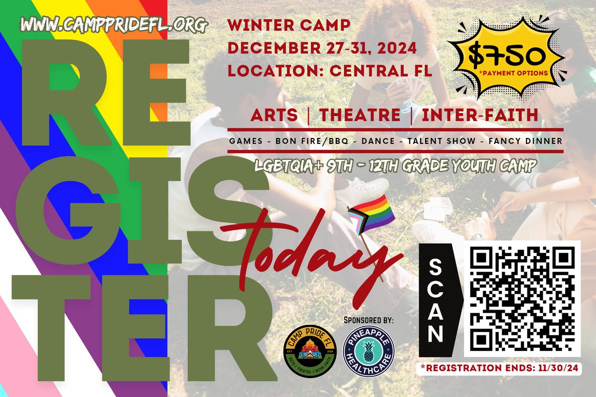 OrlandoPride's tweet photo. Come hang out with our buddies at Camp Pride FL! You can sign up until November 30th, so don’t miss out. 🏕️🌈 https://t.co/g03QOklSPt