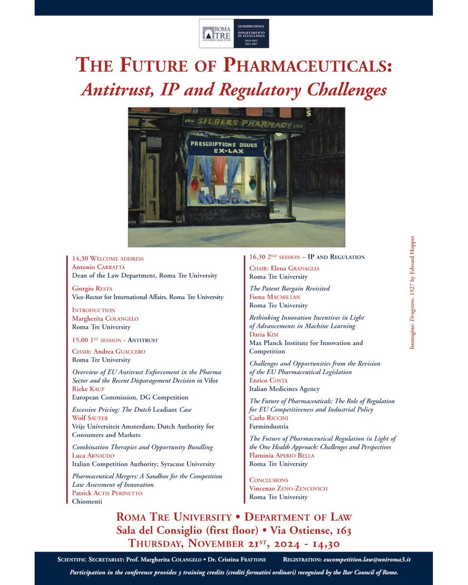 Giur_Roma_Tre's tweet photo. The Future of Pharmaceuticals: Antitrust, IP and Regulatory Challenges
📆 21 November 2024, h 14:30 https://t.co/njew6FQ0Hf