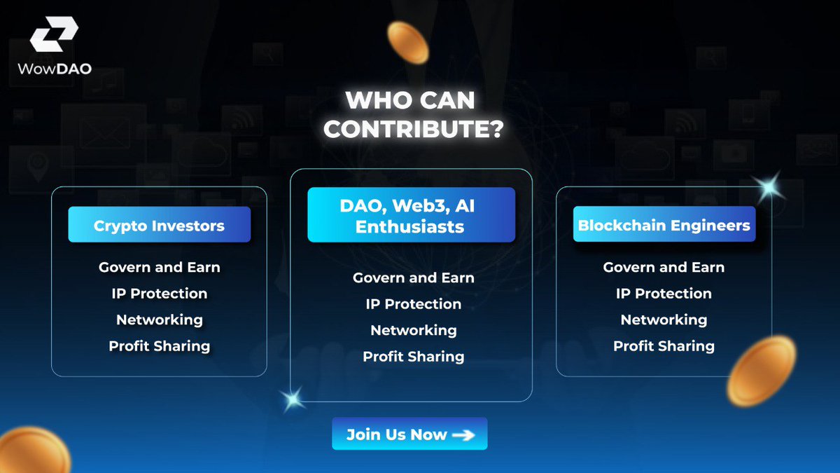 [𝐂𝐚𝐥𝐥𝐢𝐧𝐠 𝐀𝐥𝐥 𝐂𝐨𝐧𝐭𝐫𝐢𝐛𝐮𝐭𝐨𝐫𝐬 #2] AI enthusiasts, blockchain engineers, crypto investors wanted 🚀 
💥 Here's why you should join us:  
1/ 𝐆𝐨𝐯𝐞𝐫𝐧 𝐚𝐧𝐝 𝐄𝐚𝐫𝐧
2/ 𝐈𝐏 𝐏𝐫𝐨𝐭𝐞𝐜𝐭𝐢𝐨𝐧
3/ 𝐍𝐞𝐭𝐰𝐨𝐫𝐤𝐢𝐧𝐠
4/ 𝐏𝐫𝐨𝐟𝐢𝐭 𝐒𝐡𝐚𝐫𝐢𝐧𝐠
#WowDAO