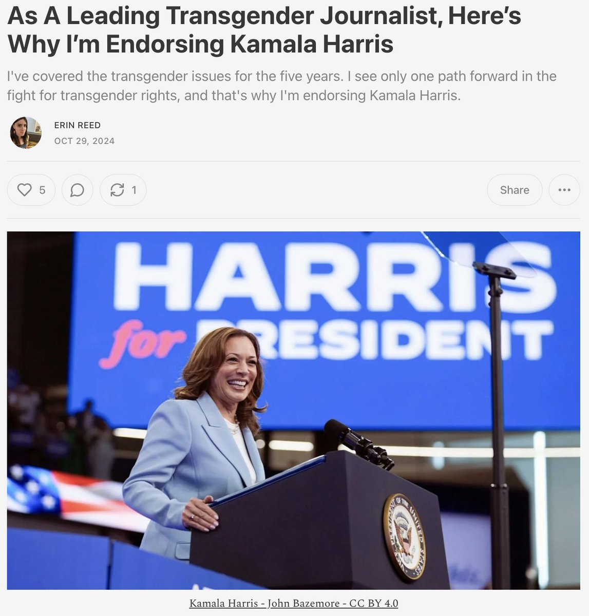 ErinInTheMorn's tweet photo. 1. As a leading transgender journalist, I can’t stay silent about the dangers a second Trump administration poses to my community. 

I believe a Harris administration offers a path forward, and that’s why I’m endorsing Kamala Harris. https://t.co/6yMnVwKoIp