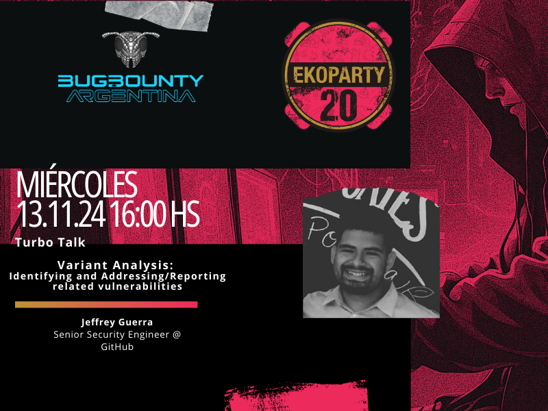 ¡Anunciamos la Turbo Talk de <a href="/s2jeff_gh/">s2jeff</a>, Senior Security Engineer en GitHub, en la #BugBountyVillage de <a href="/ekoparty/">Ekoparty | Hacking everything</a>! "Variant Analysis: Identifying and Addressing/Reporting Related Vulnerabilities" te mostrará cómo detectar vulnerabilidades relacionadas, optimizar procesos de
