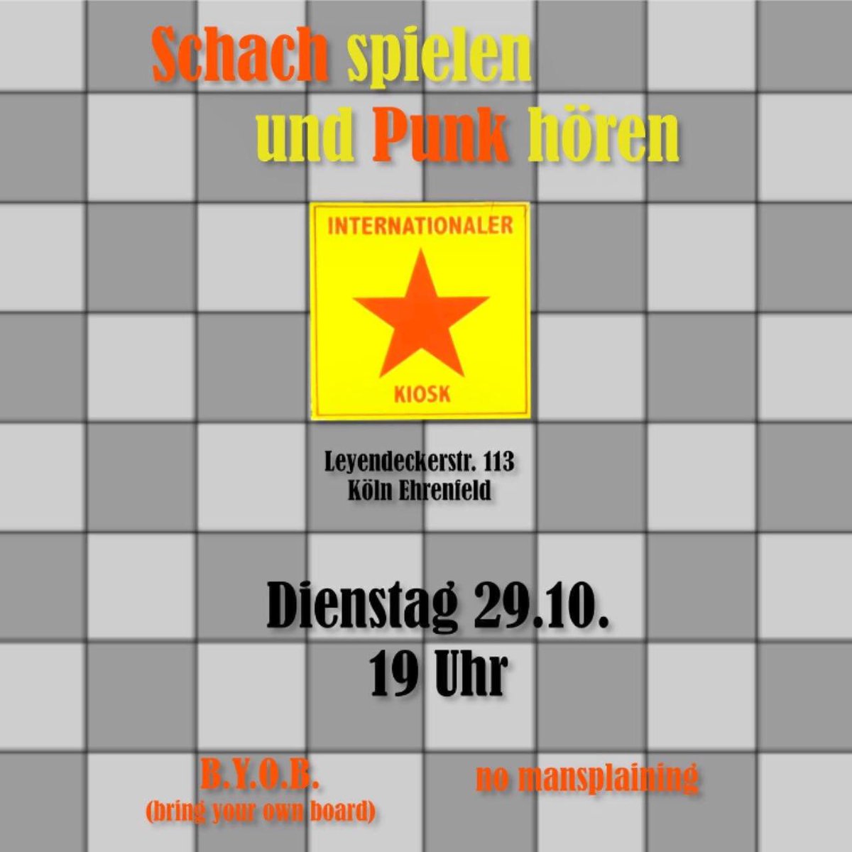 MyStadtKoeln's tweet photo. Heute Abend ist Straßenschach in der Leyendeckerstraße!
Wenn du Schach magst, oft spielst oder schon lange nicht mehr gespielt hast, komm vorbei und mach mit.
#MyEhrenfeld 
https://t.co/14lNKwPLm4 https://t.co/PsBWsa8Evb