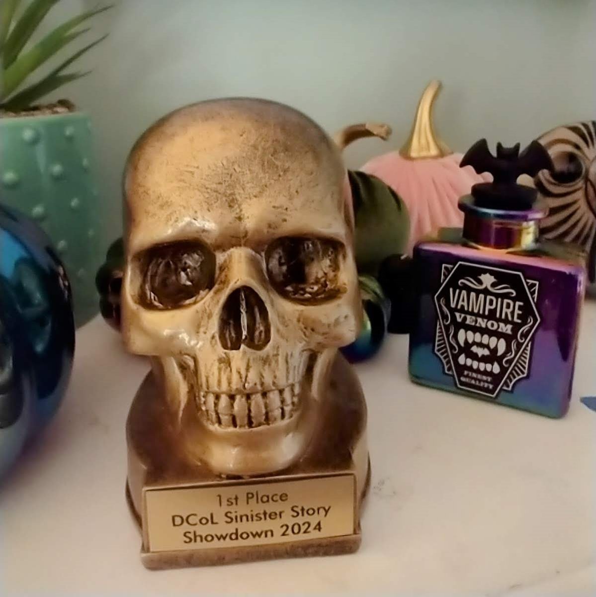 A winner has been declared for the 2024 Sinister Story Showdown, put on by Durham County Library and the Horror Writers Association to find this year's most terrifying tale.

Surprise: it's me! And it comes with the world's greatest trophy.

<a href="/DurhamCountyLib/">Durham County Library</a> <a href="/HorrorWriters/">Horror Writers Assoc</a>