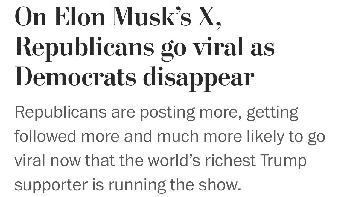 Washington Post tweeted this to its 20 million followers and it has under 100 retweets - presumably suppressed due to the link out. “Nearly all of the 33 tweets with more than 20 million views since last summer came from Republicans, the analysis shows”