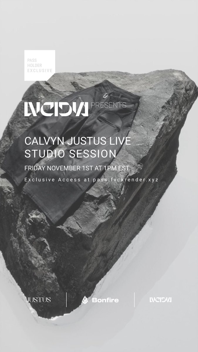 Join us in the studio with <a href="/CalvynJustus/">Calvyn Justus</a> on Friday, Nov 1st at 1 PM EST! ⚡️

Calvin, a digital artist, designer, and former Olympic athlete, will be creating LIVE—exclusively for LVCIDIA S01 pass holders. 🔥

Get access → pass.fvckrender.xyz/stream