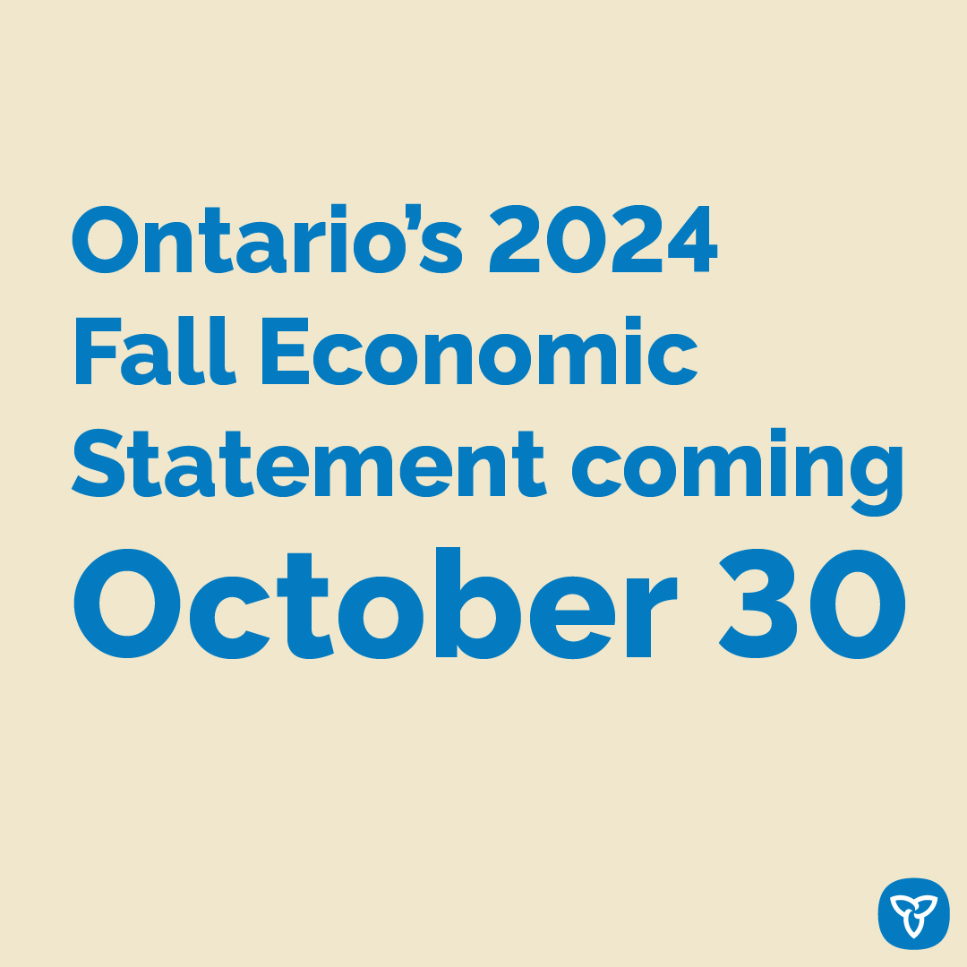 ONfinance's tweet photo. Tomorrow, the government will release the 2024 Fall Economic Statement.

#OnFES2024 will report on Ontario’s progress and provide an update on the province’s economic and fiscal outlook.

Learn about Ontario’s Budget cycle: https://t.co/7Q0roH8Oii https://t.co/VOi0M7noAJ