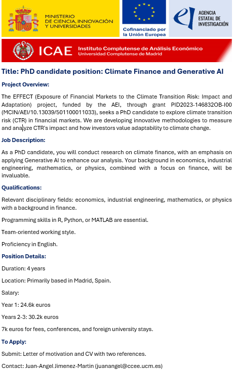 juanangelji's tweet photo. @ICAE_UCM @lolaucm @UCM_ECONOMICAS Finance PhDs! Interested in climate change &amp; its impact on financial markets? Apply for a PhD position using Generative AI! Competitive salary &amp; travel support. #phdposition #climatefinance #AI 👇👇 https://t.co/AW28hL6RFb