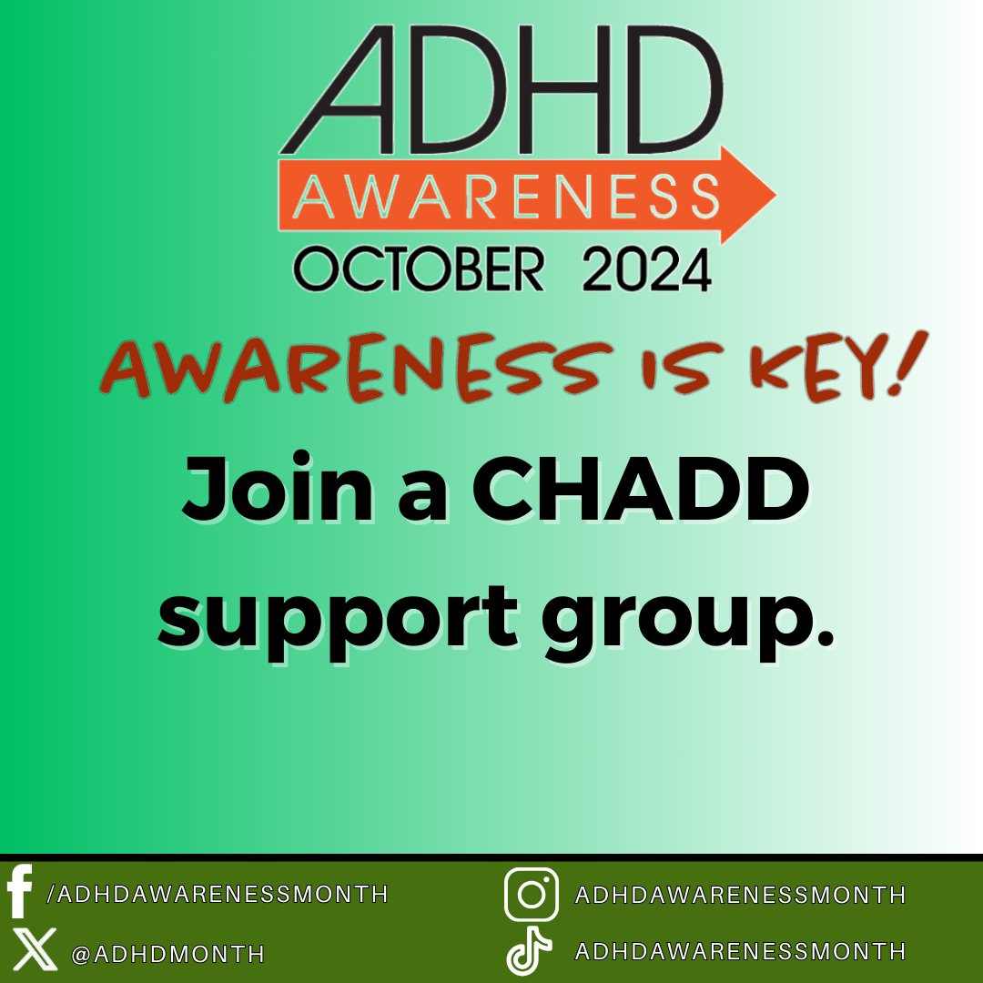 CHADD has a network of chapters. We encourage you to find a ADHD support group that you can share with.

chadd.org/affiliate-loca…

#ADHDAwarenessMonth #ADHDAwarenessMonth2024 #ADHD #adhdawareness #ADHD2024 #adhdsupportgroups #adhdsupport #SupportGroups #ADHDFamilies #AdultADHD