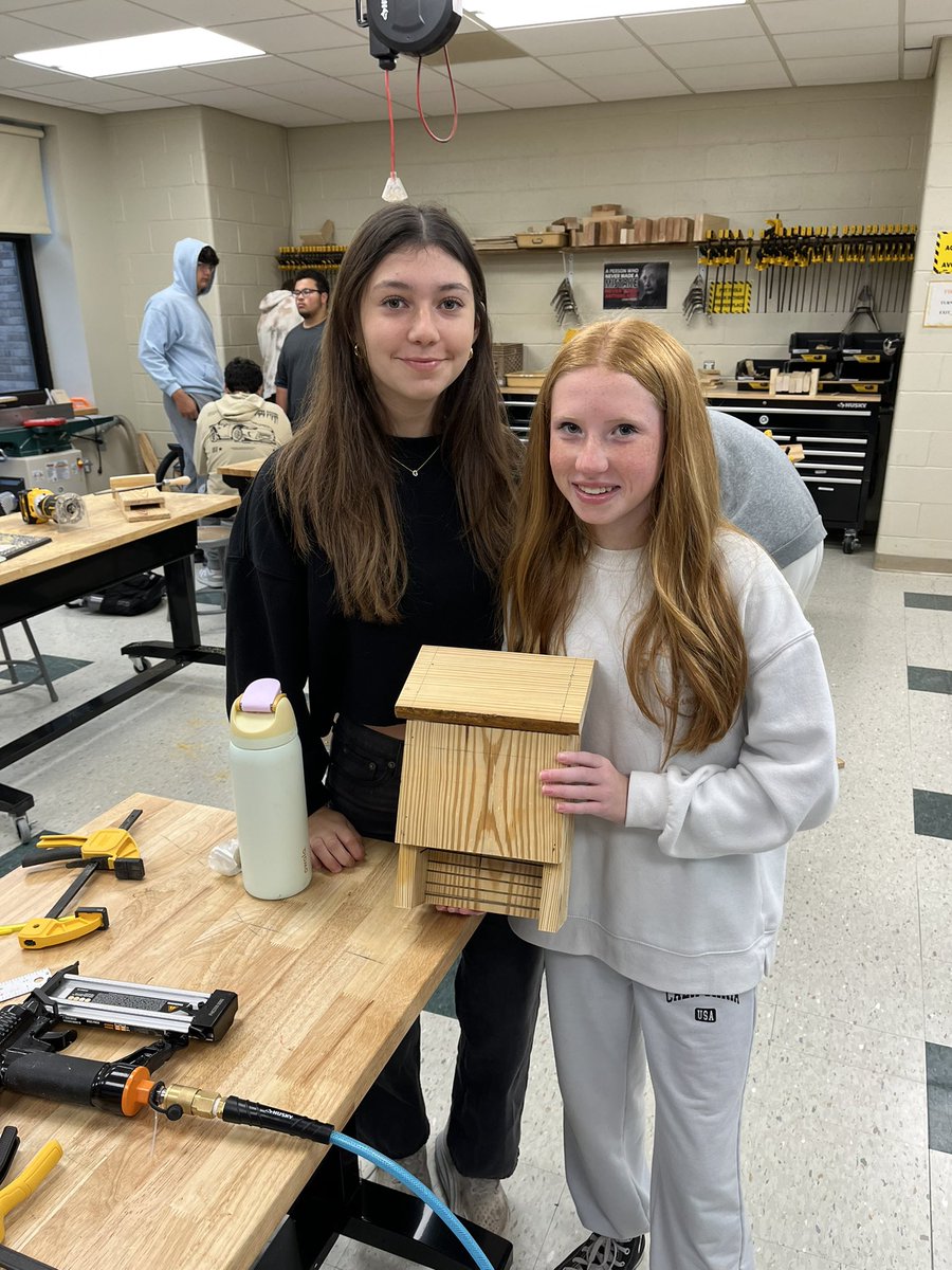tradesclass's tweet image. PTech students all smiles as they show off their almost complete bat houses! Paint is up next! #ptech #cte @brewsterschools @Brewster_HR @BCSD_Asst_Supt @BCSD_BHSPrin @BCSD_BHS_AP