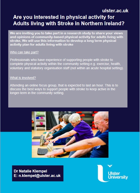 Dr Natalie (Klempel) Duff (@drnataliek1) on Twitter photo <a href="/UlsterHealthSci/">School of Health Sciences UU</a>
<a href="/ktpedlow/">Dr Katy Pedlow</a>
We are looking for those who work in the field of physical activity and survivors of stroke. <a href="/UlsterHealthSci/">School of Health Sciences UU</a>
<a href="/ktpedlow/">Dr Katy Pedlow</a>
We are looking for those who work in the field of physical activity and survivors of stroke.
