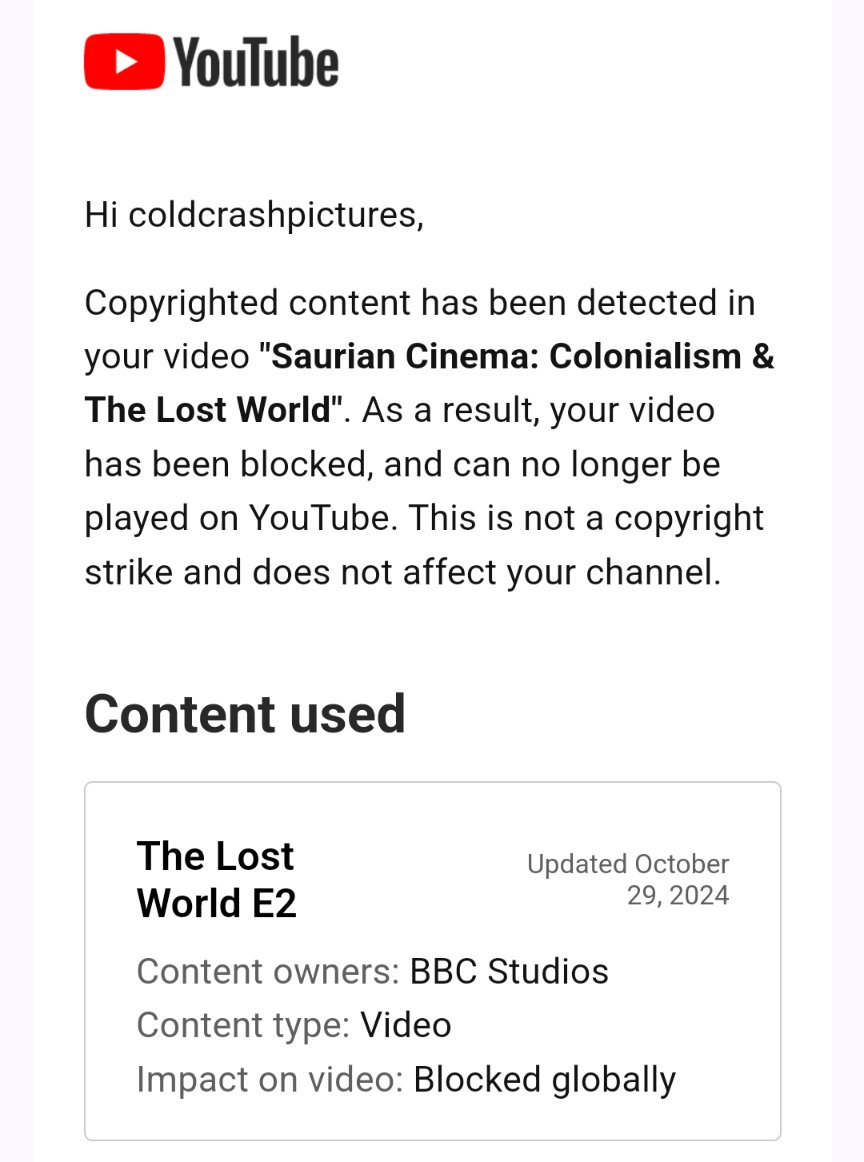 coldcrashpics's tweet photo. "Saurian Cinema: Colonialism &amp; The Lost World" just got blocked worldwide nearly 4 years after the original upload. Apparently, my use of clips from a 24-year-old BBC miniseries that isn't available on blu ray got it blocked. https://t.co/LIX0mRSZWN