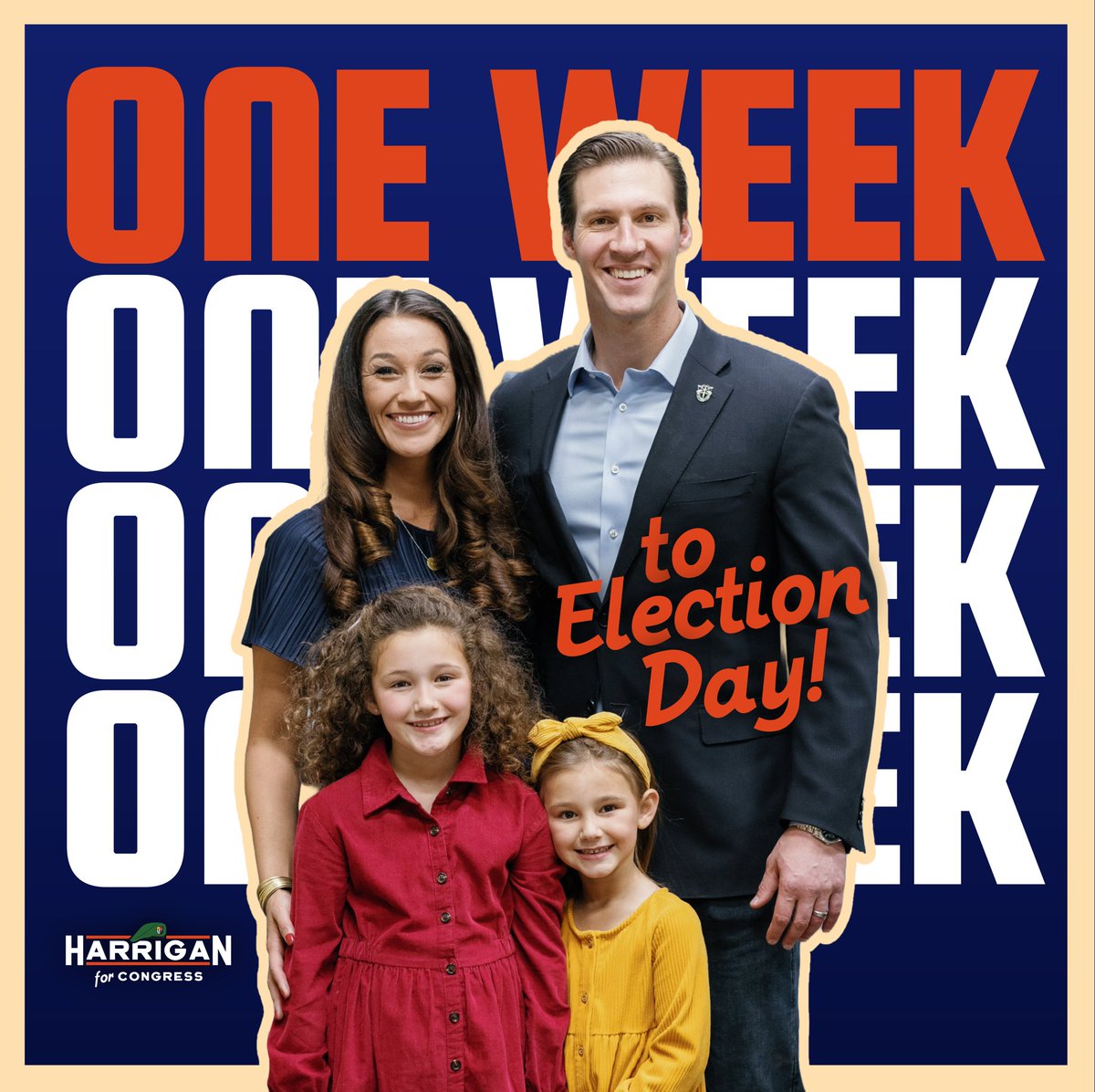 PatHarriganNC's tweet photo. One week.

That’s all that stands between us and sending brand new, battle-tested leadership to represent NC-10 in Washington.

And I can’t begin to tell you how grateful our family is for your support.

Now let’s make these final seven days count: https://t.co/BJiBIWbzUM https://t.co/Ebe7TaJ6Pv