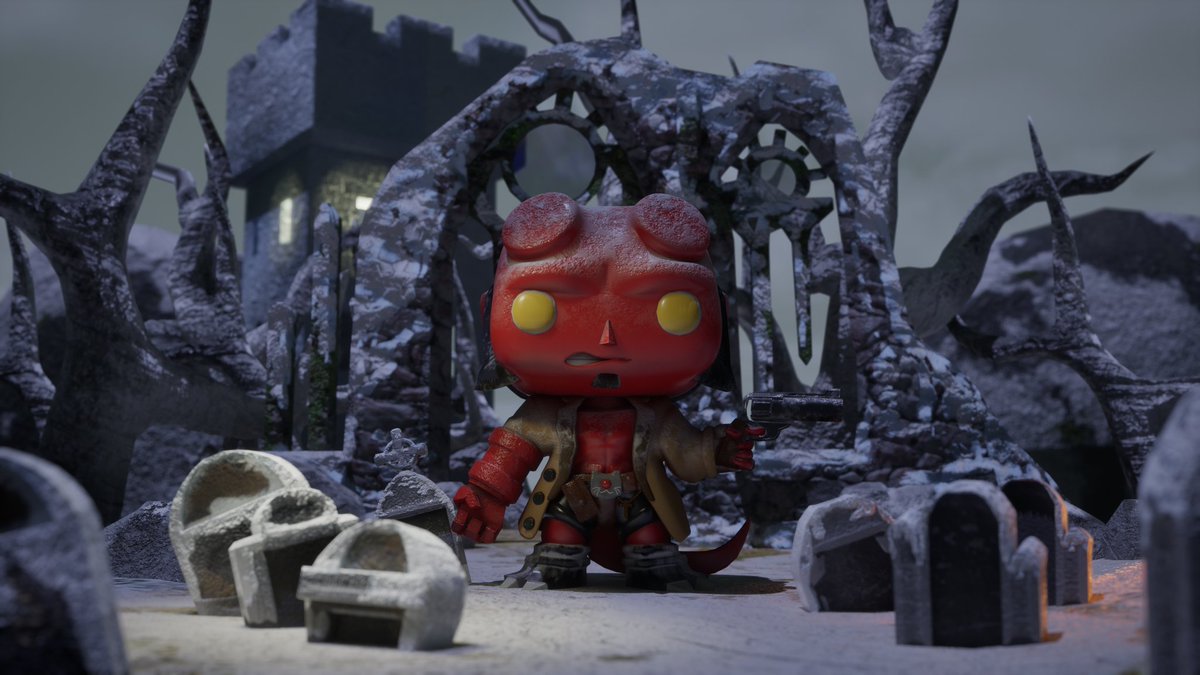 lesingemalde's tweet photo. Premier projet en 3D sur une Pop Hellboy !
Pour le décor j'ai repris une illustration de Mike Mignola.
Les logiciels utilisés sont : @autodesk Maya, Substance et Unreal engine. 
École Mopa
@artofmmignola 
#hellboy #FunkoPop #3d https://t.co/29mu3RHQu6