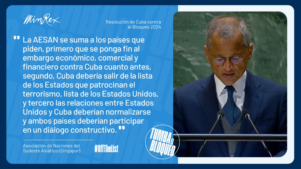 Representante de #Singapur 🇸🇬 en nombre de la ASEAN | "La <a href="/ASEAN/">ASEAN</a> siempre ha pedido a los Estados Unidos levantar el embargo unilateral en el ámbito económico, comercial y financiero contra #Cuba."

#TumbaElBloqueo