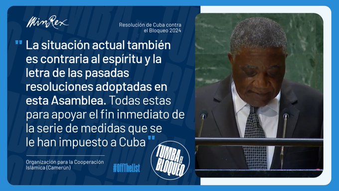 MitransCuba's tweet image. #Cuba no está sola. La solidaridad de los pueblos se hace presente en los pronunciamientos de las delegaciones que participan en el debate del proyecto de Resolución A/79/80 “Necesidad de poner fin al bloqueo económico, comercial y financiero impuesto por EEUU #Cuba en la @ONU_es