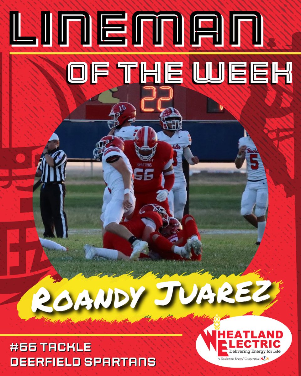 Wheatland Electric Cooperative, Inc. (@wheatlandelect1) on Twitter photo 🏈 Check out our 2nd #LINEMAN OF THE WEEK #66 Roandy Juarez from <a href="/DHSSpartans/">Deerfield Spartans</a>! Coach Leroux: "Roandy has worked all year long to become the player that he is. The team captain played great on Friday; he had 6 tackles on defense and held his own all night on offense." #PowerON⚡️ 🏈 Check out our 2nd #LINEMAN OF THE WEEK #66 Roandy Juarez from <a href="/DHSSpartans/">Deerfield Spartans</a>! Coach Leroux: "Roandy has worked all year long to become the player that he is. The team captain played great on Friday; he had 6 tackles on defense and held his own all night on offense." #PowerON⚡️