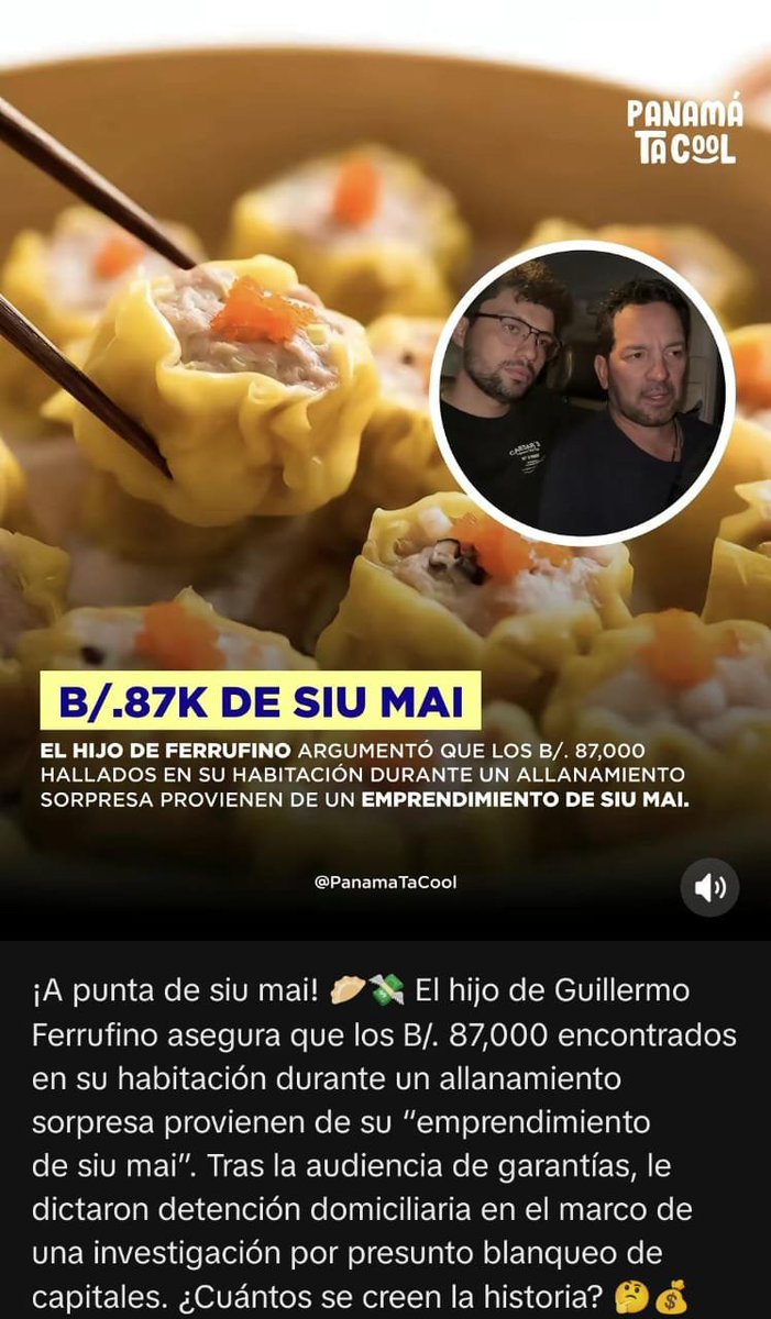 Lo absurdo de lo absurdo. Pero es el ejemplo, papa preso por corrupción, mama presa por lavar dinero y ahora el hijo se sale con la mina de oro que se hace vendiendo Siu Mai