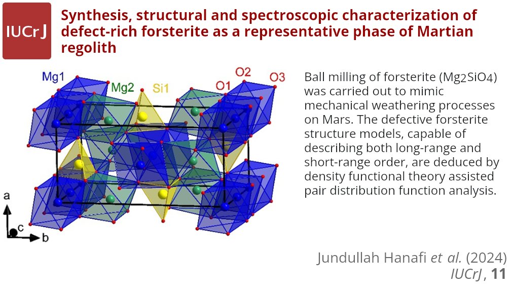 IUCrJ's tweet photo. Defect-rich forsterite as Martian regolith @UniBremen https://t.co/rGqtjZtRZG @hmi_group #MAPEX @CHEMUCPH @desynews @GrundforskFond @dfg_public @nccr_marvel @snf_ch #Martian #forsterite #defect #DFT #PDF #Raman #powderdiffraction #ballmilling @IUCr #openaccess https://t.co/Jqgf47TnTV