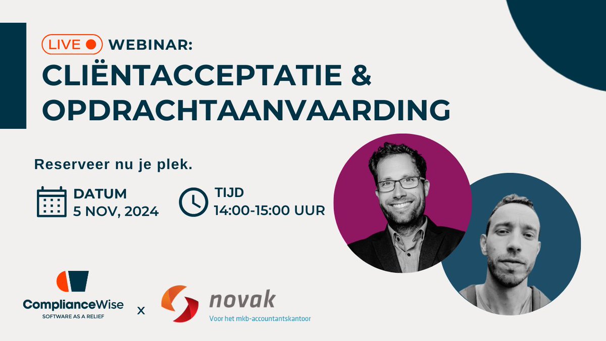 ⏩ Zorg dat je deze niet mist! Marcel Kurvers en Danny Mourits vertellen je in dit 𝐠𝐫𝐚𝐭𝐢𝐬 𝐖𝐰𝐟𝐭 𝐰𝐞𝐛𝐢𝐧𝐚𝐫 meer over #cliëntacceptatie en opdrachtaanvaarding. Schrijf je in via grub.webinargeek.com/novak-webinar-…