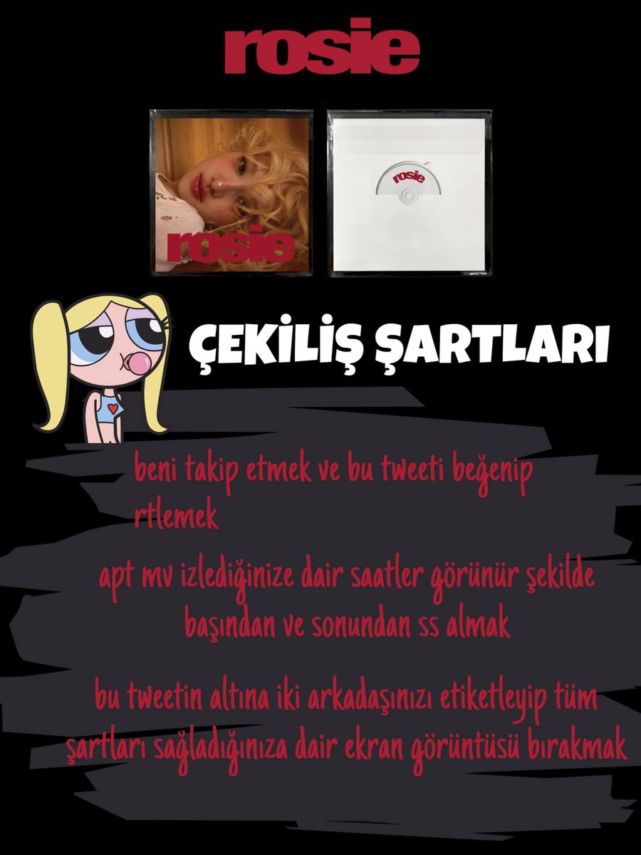 ROSE ROSIE ALBUM ÇEKİLİŞİ

• aranızdan birine rosie albümünü hediye etmek istiyorum, çekilişe katılmak için gerekli şartlar fotoğrafta yazıyor
• herkese iyi şanslar! 🫶🏻

son katılım tarihi 01.12
açıklanma tarihi 05.12