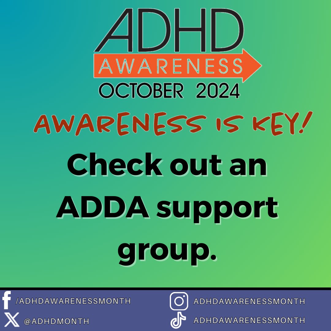 ADDA hosts many online support groups! Maybe one will fit your needs?

add.org/adda-virtual-p…

#ADHDAwarenessMonth #ADHD #adhdawareness #ADHD2024 #adhdsupportgroups #adhdsupport #supportgroup #adhdfamilies #adultadhd