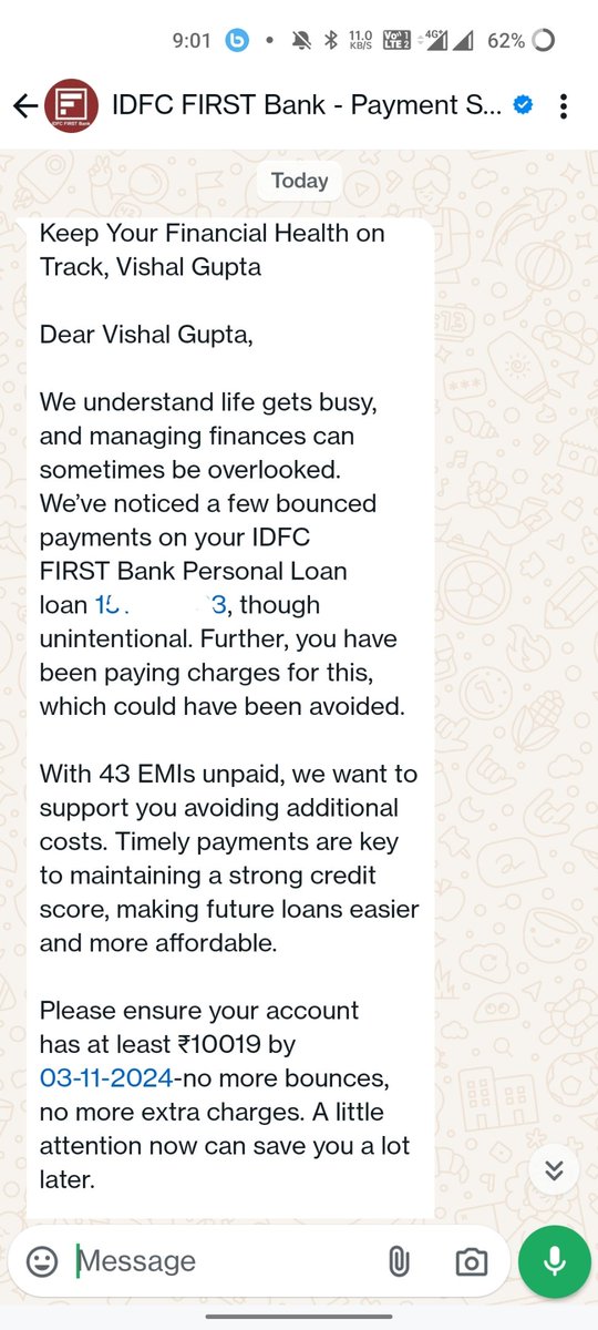 vgupta1296's tweet photo. @IDFCFIRSTBank  how dare you put an allegation on me that i have missed my emi payment? All my EMIs are on time do you understand? I am really surprised by such unproffessional behaviour at your end https://t.co/GYKrBlmoby
