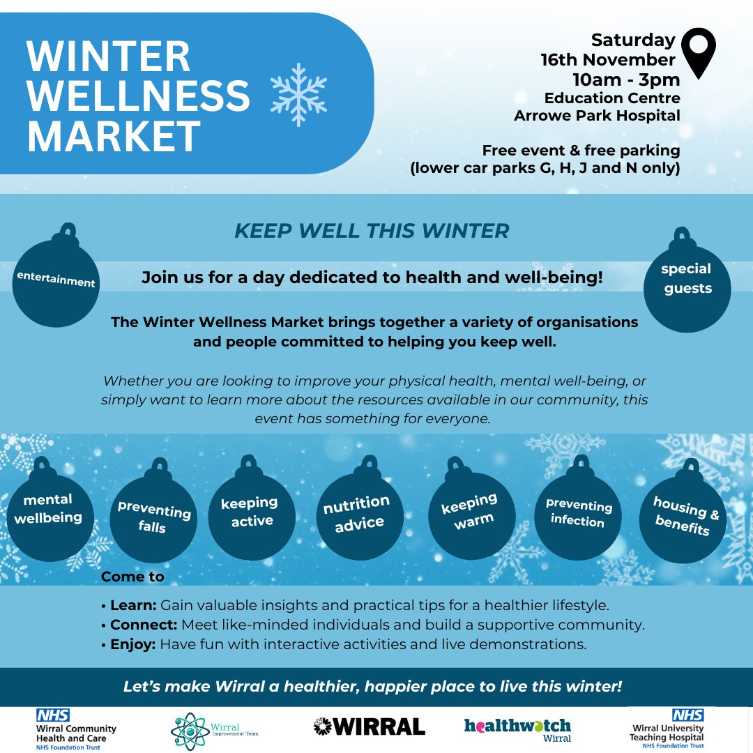 📢FREE ADMISSION/Winter Wellness Market - Keep Well this Winter📢
📅DATE: Saturday, 16 November 2024 with free parking
🕑TIME:10 AM – 3 PM
📍 LOCATION: Wirral University Teaching Hospital NHS Foundation Trust's Education Centre at Arrowe Park Hospital

Bring a friend or family 🫶