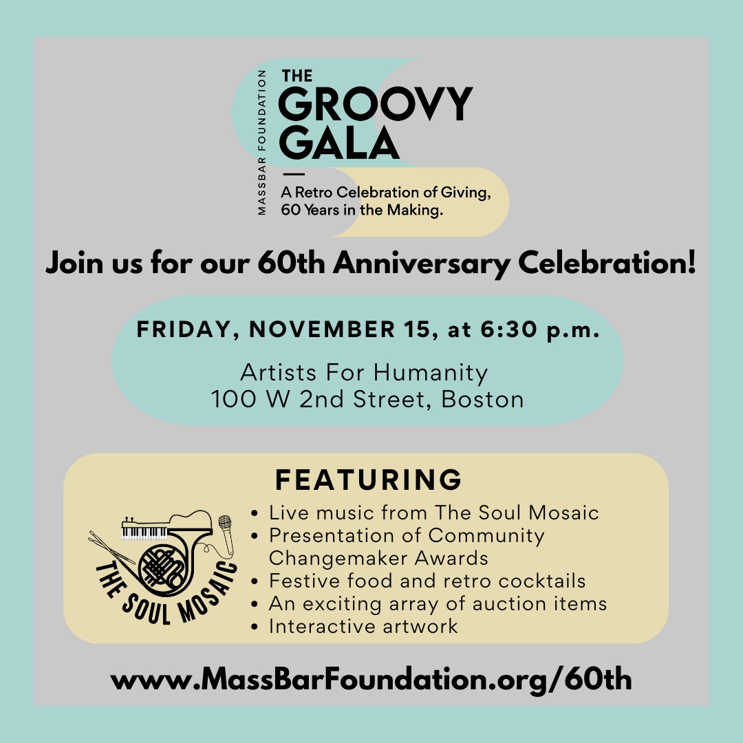 Get ready to groove &amp; give back at the MBF's Groovy Gala! Join us 11/15 at <a href="/AFHBoston/">Artists For Humanity</a> as we turn back the clock to the 1960s for an evening of fun, nostalgia, &amp; impact. Celebrate six decades of the MBF's commitment to advancing access to justice in MA. massbarfoundation.org/60th