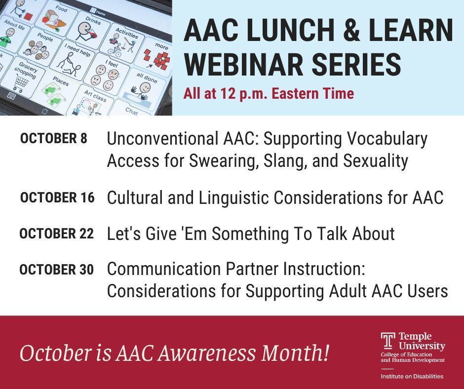 AAC Awareness Month Lunch and Learn Wednesday, October 30 

Communication Partner Instruction: Considerations for Supporting Adults who use Augmentative and Alternative Communication. Speech-language pathologists will help you enhance your knowledge. buff.ly/3N04tR8